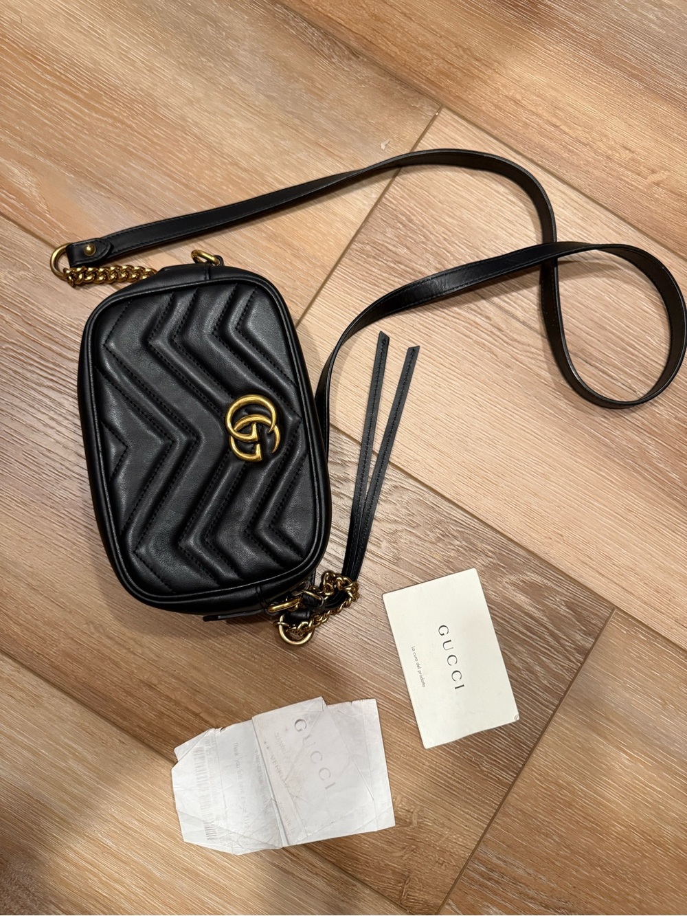 Gucci Black Chevron GG Marmont Leather Crossbody Bag with Gold Hardware
